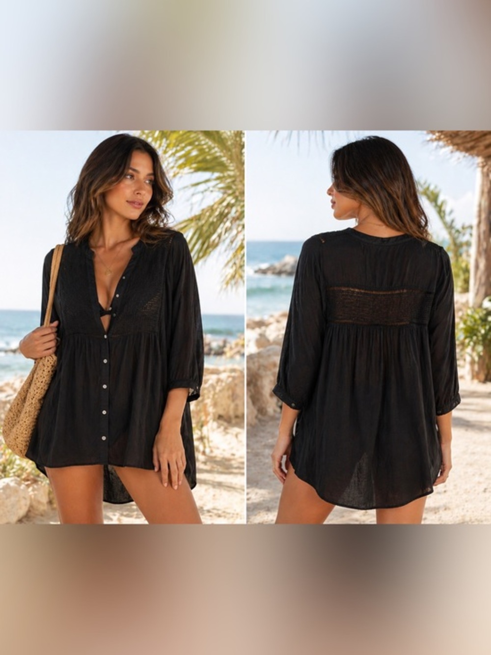 Vix Paula Hermanny Black Sheer Cover Up Tunic Size M Mesh Panel Beach Resort